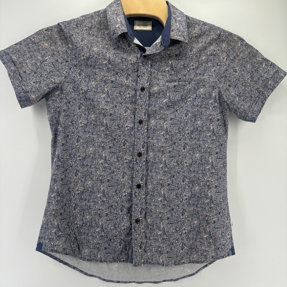 7 Diamonds Button Down Mens M Blue Floral 4 Way Stretch House of Love SMK-6893